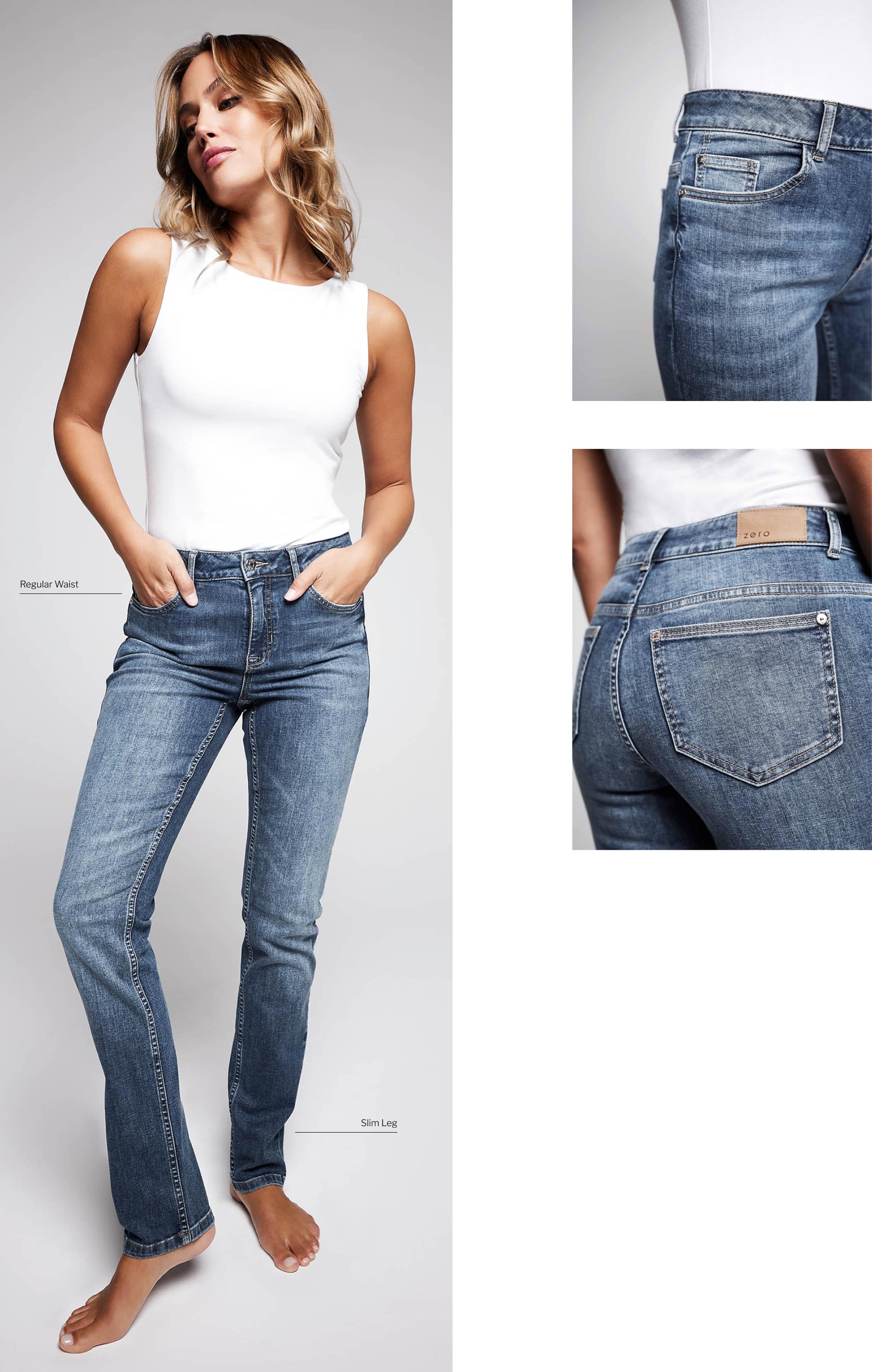 Eine Frau trägt ein weißes ärmelloses Oberteil und eine hochgeschnittene Jeans mit engem Bein und steht barfuß. Zwei Nahaufnahmen auf der rechten Seite zeigen die Gesäßtaschen und die Verzierungen der Jeans.